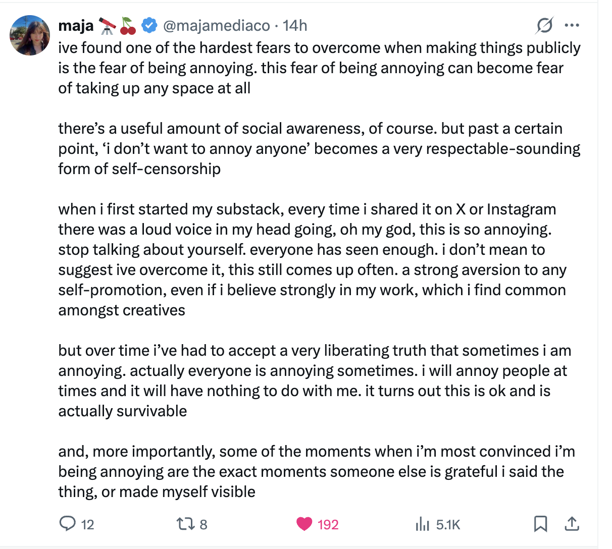Maja on the fear of being annoying when sharing your work.