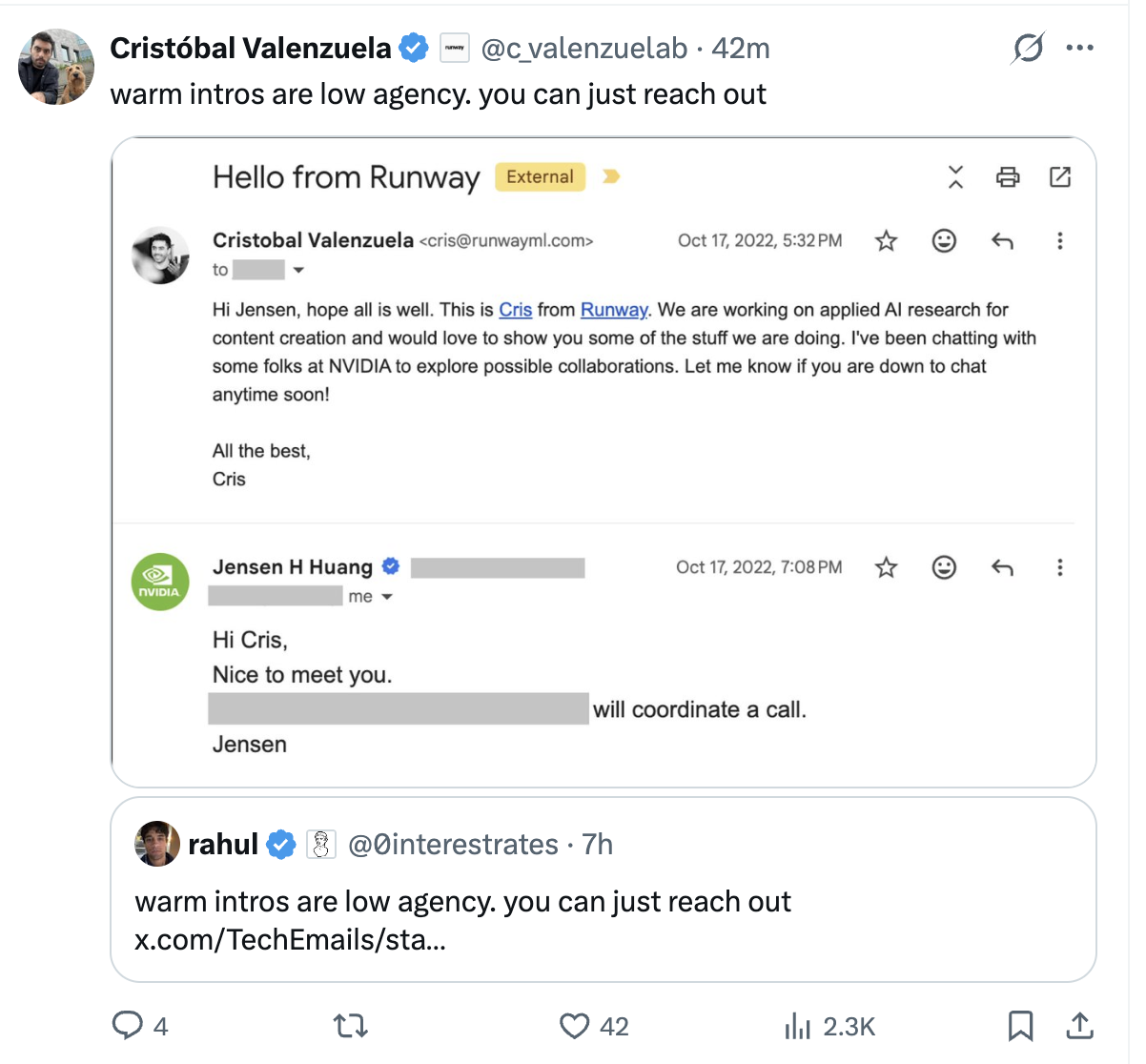 A saved example of reaching out directly: Cris from Runway emailing Jensen Huang.