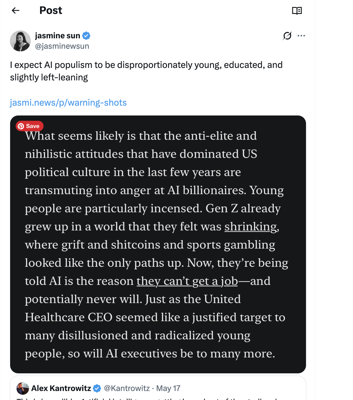 A saved perspective from Jasmine Sun on resentment toward AI.