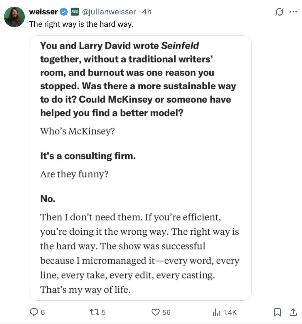 The saved Seinfeld interview excerpt about the painstaking work behind a good show.