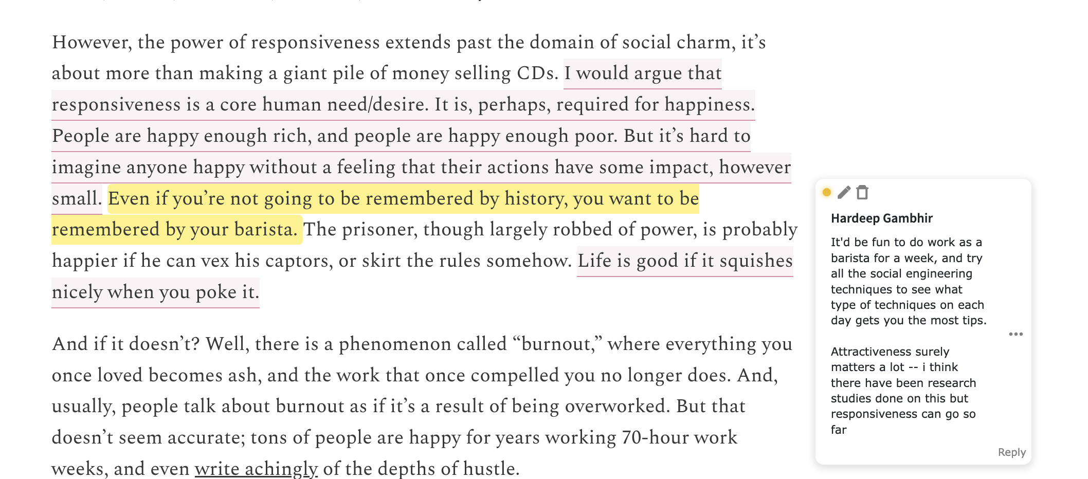 A passage on responsiveness, with my barista experiment idea in the margin.